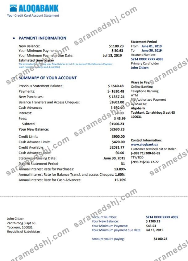 Uzbekistan Aloqabank proof of address statement template in Word and PDF format